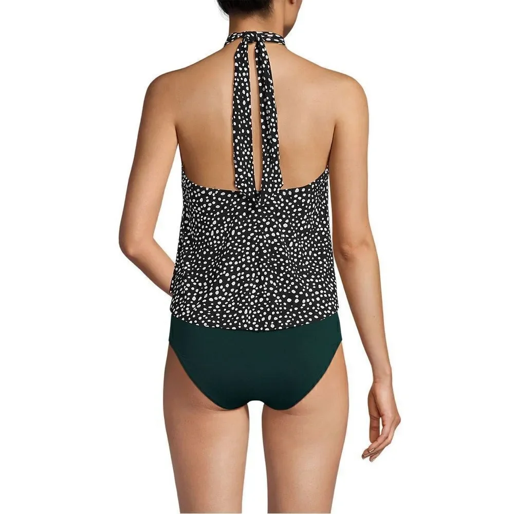 Land's End Plus Size High Neck Halter tankini top Black White Scattered Dot 14